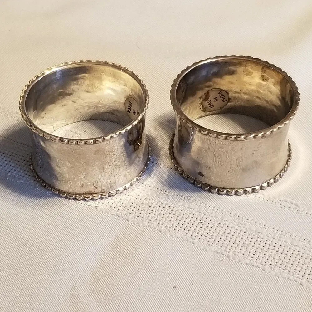 Silver‑Plated Beaded Napkin Rings Pair – Vintage India Tableware